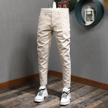 Летние брюки цвета хаки, мужские модные повседневные хлопчатобумажные брюки Стрейч Slim Fit