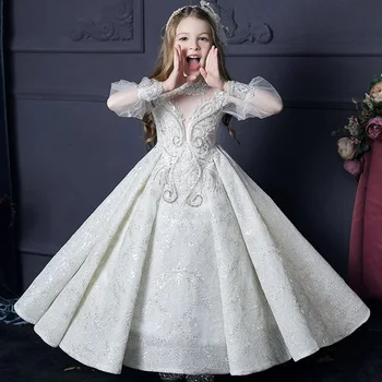 Роскошное Прозрачное платье для свадебной вечеринки и подружки невесты с длинным рукавом для девочек от 3 до 14 лет, элегантное платье для девочек-подростков по случаю и торжеству