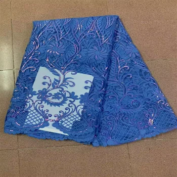 Синяя высококачественная Африканская Нигерийская тюлевая кружевная ткань с пайетками Для шитья Свадебного платья с вышивкой, чистая ткань 5 ярдов
