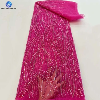 Французская сетка Sinya с пузырьковыми бусинами, Африканская кружевная ткань 2024, высококачественная розовая фуксия, роскошное свадебное кружево для новобрачных, расшитое бисером ручной работы.