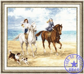 Amishop Высококачественный Прекрасный Набор Для Вышивания Крестиком Для Верховой Езды Путешествие По Озеру Приморский Пляж Две Девушки Женщины И Собаки