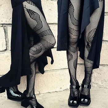 Сексуальные черные колготки в стиле харадзюку, ажурные чулки со змеиным жаккардовым рисунком, прозрачные сетчатые колготки большого размера, леггинсы, чулочно-носочные изделия