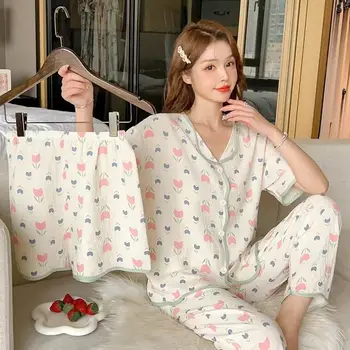 Летний пижамный комплект с принтом цветов тюльпана, Милый Розовый Домашний костюм-тройка, однобортные рубашки + Шорты + брюки, Тонкая пижама