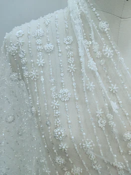 Белоснежная кружевная ткань с бисером, свадебный материал, кружевные цветы для платья, новый дизайн 2024 года