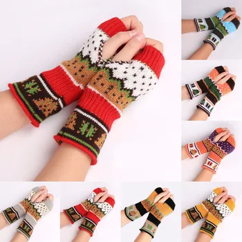 Зимние женские рождественские вязаные перчатки из утолщенной шерсти с открытыми пальцами, красочные теплые перчатки без пальцев на половину пальца