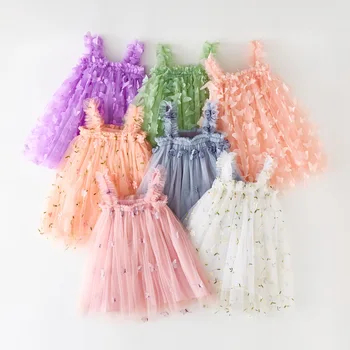 Детское Платье без рукавов с бабочкой для малышей, летнее платье принцессы, детское сетчатое кружевное милое платье, розовая детская одежда для маленьких девочек