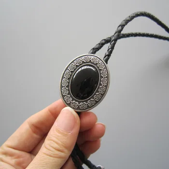Винтажное посеребренное маленькое ожерелье с овальным галстуком-боло из черного обсидиана небольшого размера, кожаное ожерелье с галстуком-боло на шее, также в наличии в США