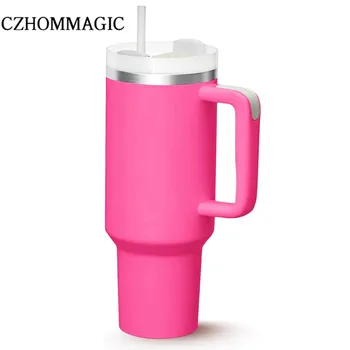 Розовый стакан из нержавеющей стали на 40 унций с ручкой, крышкой и соломинкой, изолированная кружка для чая и кофе, бутылка для воды, чашка для питья, Дорожная чашка, подарки