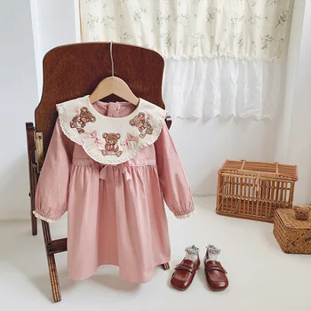 весеннее детское платье для маленькой девочки, высококачественное розовое платье с длинными рукавами, расшитое мультяшным мишкой и бантом