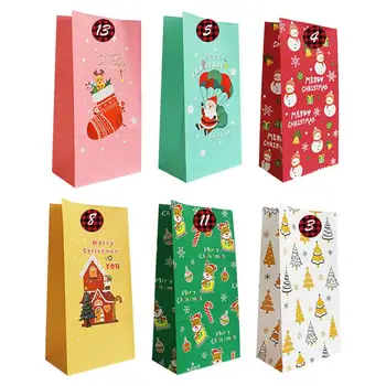 Бумажные пакеты для рождественских угощений, прочные пакеты для рождественских подарков, Бумажные подарочные пакеты для конфет на 24 дня, Многоразовые наклейки с номерами пакетов на Рождество
