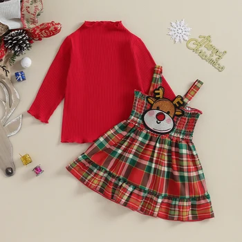 Рождественский наряд для маленькой девочки, рубашка в рубчик с имитацией горловины, свитер, комбинезон с оленями, юбка, платье, рождественская одежда для малышей