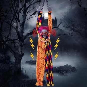 Подвесной пластиковый клоун Длиной 5,6 фута, говорящий и трясущийся Страшный клоун с цепочкой, активируемый касанием Для декора Хэллоуина