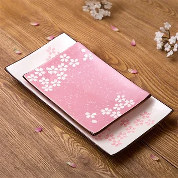 Прямоугольная тарелка для стейка из керамики подглазурного цвета в японском стиле, Креативные Фруктовые блюда, Милая посуда с рисунком вишни в цветочек