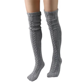 Женские трикотажные чулки средней длины с ворсом, носки до бедра в стиле колледжа, зимние однотонные леггинсы выше колена