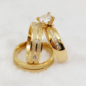 Высококачественный набор обручальных колец для пар из 3шт для мужчин и женщин оптом из 24-каратного золота с наждачным покрытием, обручальное кольцо с бриллиантом cz