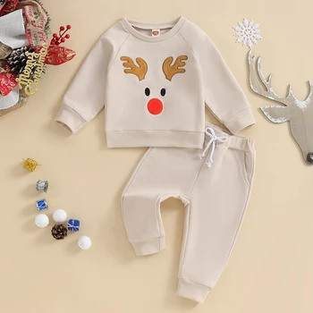 Детские рождественские наряды из 2 предметов, толстовка с вышивкой оленя и штаны, комплект одежды для малышей