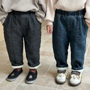 Осенне-зимний детский рюкзак для мальчиков плюс бархатные теплые джинсы в стиле ретро для девочек, детские утепленные джинсовые брюки из флиса, хлопковые повседневные брюки для малышей, одежда