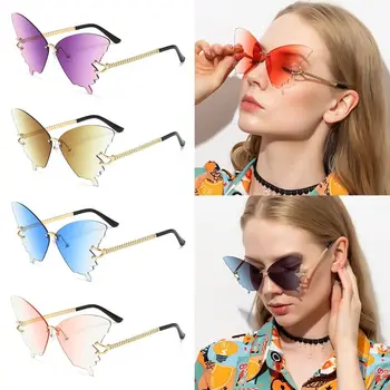 Винтажные солнцезащитные очки-бабочки без оправы, Градиентные солнцезащитные очки в металлической оправе, Негабаритные солнцезащитные очки с защитой от UV400, очки Y2K
