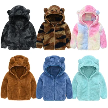 Новая плюшевая куртка для мальчиков, осень-зима, милые медвежьи ушки, согревающее пальто принцессы для девочек, верхняя одежда на молнии с капюшоном, детская одежда от 1 до 6 лет