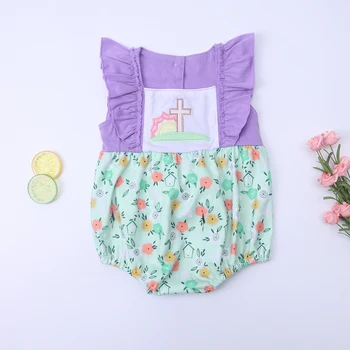 Летний бутик-комбинезон для маленьких девочек 0-3 лет, без рукавов, с бантом, фиолетовая мультяшная вышивка, цельная одежда для отдыха