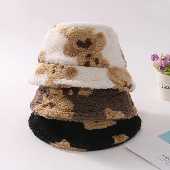 Осень-зима Для малышей, утолщенная Рыбацкая шапка для маленьких мальчиков и девочек, Мультяшный Медвежонок, Плоская Ветрозащитная теплая шапочка-ведро