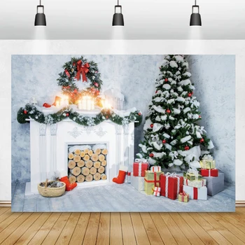 Подарки на зимнюю Рождественскую елку, Камин, Сосновые ветки, Детская Семейная съемка, Фотозона для вечеринки, Фон для фотосъемки, Фон для фотосъемки