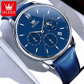 Новые деловые мужские часы OLEVS, модные синие кожаные водонепроницаемые часы с датой, роскошные кварцевые часы с хронографом фаз Луны для мужчин