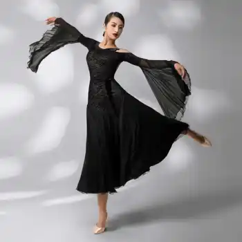 Платье для бальных танцев с расклешенными рукавами, стандартный танцевальный сценический костюм, женские бархатные платья для соревнований по танго с открытыми плечами YS5281