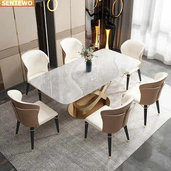 Дизайнерская роскошная столовая из мраморной плиты с обеденным столом на 4 6 8 стульев mesa comedor sillas marbre с золотой основой из нержавеющей стали