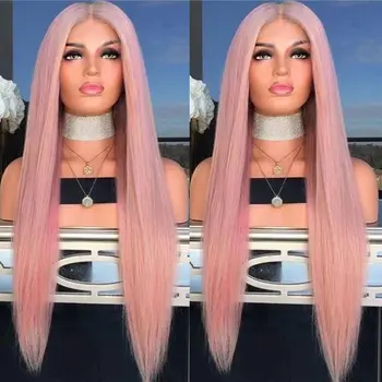 Синтетические волосы на кружеве, парики дымчато-розового цвета, прямые термостойкие волокна, натуральный пробор посередине для белых женских париков