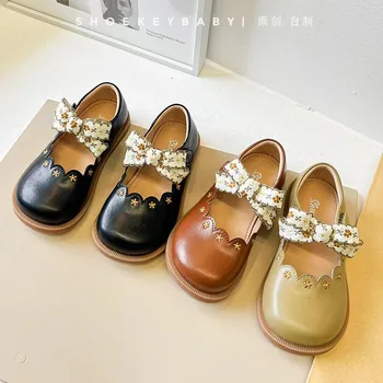 Кожаная обувь для девочек, детские весенние новые туфли принцессы в Корейском стиле с бантом в пасторальном стиле, детские тонкие туфли на мягкой подошве zapatos niña 여아구두 أحذية