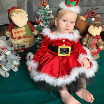 Рождественские наряды, платье для девочек с длинным рукавом и меховой отделкой, бархатный комбинезон, платье + Повязка на голову, Комплект рождественской одежды для новорожденных