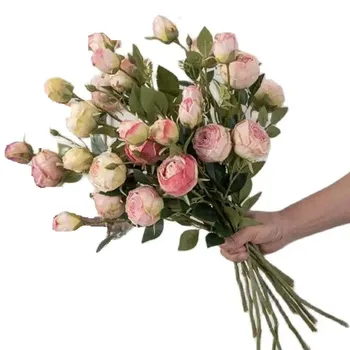 ОДНА искусственная осенняя круглая роза на коротком стебле (2 головки / штука) Длиной 21 дюйм, имитирующая розы с опаленным краем, зеленый лист для свадебных цветов