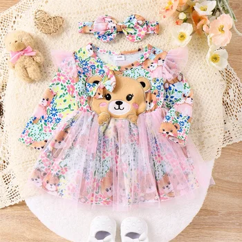 Милое платье принцессы для маленьких девочек с бантом на голове, Платье трапециевидной формы с длинным рукавом, тюлевое платье в стиле пэчворк с медведем и цветочным принтом