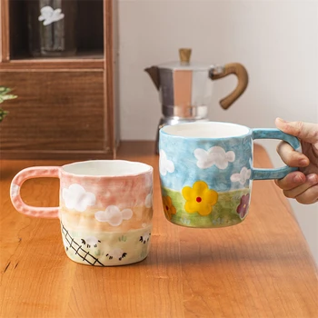 Керамическая кружка Ins в корейском стиле, Ручная роспись, кофейная чашка Color Cloud, Термостойкая Простая бытовая чашка для молока с ручкой