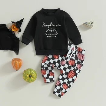 Комплекты брюк на Хэллоуин для маленьких мальчиков Listenwind из 2 предметов, топы с буквенным принтом с длинными рукавами и комплекты брюк с завязками с принтом тыквы