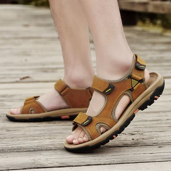 Новые летние мужские сандалии из натуральной кожи Модный дизайн Дышащая Повседневная обувь Мужские уличные кроссовки с мягкой подошвой Пляжные сандалии