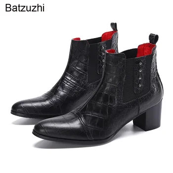 Batzuzhi/ Мужские ботинки Итальянского типа, черные ботильоны с острым носком, мужские слипоны на высоком каблуке 7 см, деловые/ Вечерние/Свадебные Botas!