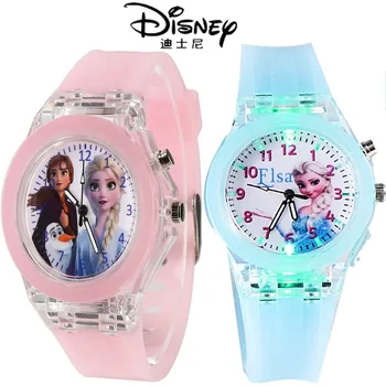 Disney Frozen Princess с рисунком, светодиодная вспышка, детские часы, игрушки, Модные кожаные кварцевые наручные часы, Рождественские подарки для детей