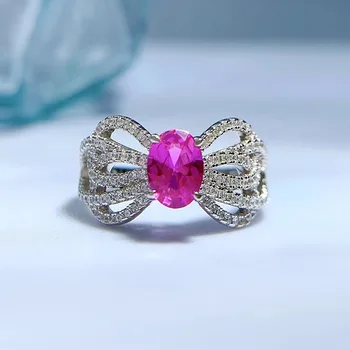 Новинка Из 100% стерлингового серебра 925 пробы, овальный лабораторный розовый сапфир, ювелирное украшение для женщин, кольцо с бантом, подарок на годовщину