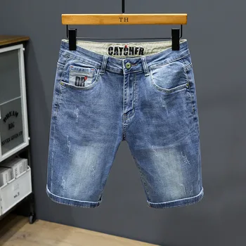 Мужские Новые летние джинсы, классические винтажные выстиранные Свободные брюки средней длины с пятью точками, модные уличные пляжные повседневные брюки