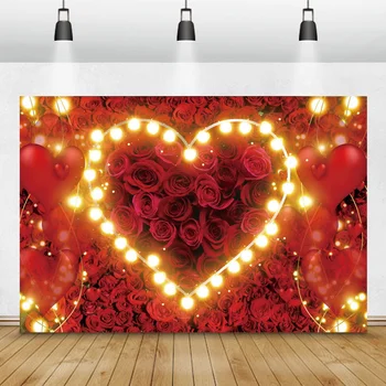 Фон для фотосъемки с Днем Святого Валентина, красные розы, настенные лампочки с рисунком 