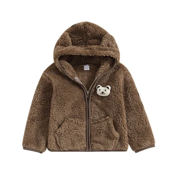 Зимнее пушистое пальто для маленьких девочек и мальчиков, куртка с капюшоном с 3D медведем, флисовая верхняя одежда на молнии