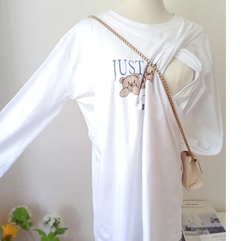 Весенняя рубашка для беременных, простая футболка для беременных с длинным рукавом, однотонная белая одежда для кормления грудью, одежда для матери 8591
