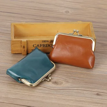 Новое винтажное женское портмоне из вощеной воловьей кожи, кожаная сумка с золотым мундштуком ручной работы, мини-сумка для хранения мелочи в мешке для монет