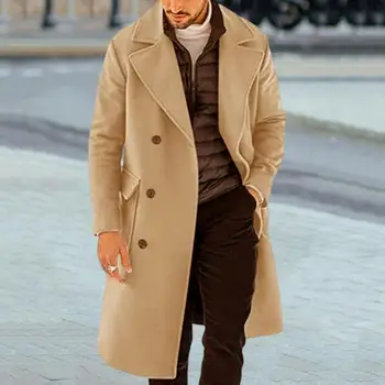Мужское пальто с карманом, Двубортное Мужское пальто, Стильное мужское двубортное пальто средней длины, теплое для осени /зимы